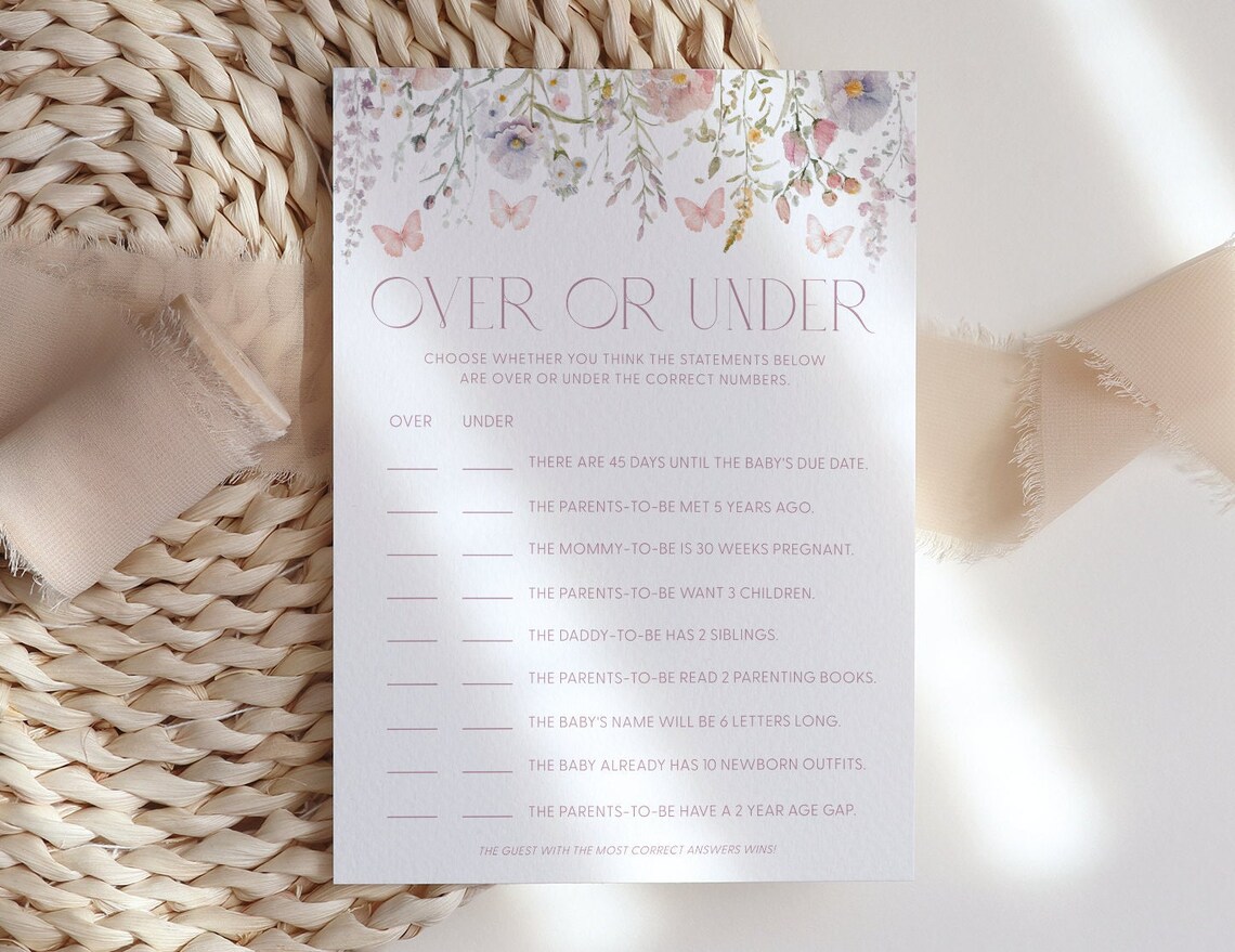 Butterfly Over or Under Game Baby Shower Game Butterfly Over or Under ...
