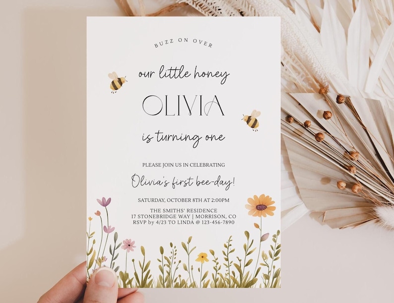 Bee First Birthday Invitation Our Little Honey First Birthday Invitation Bee Birthday Invite Cute Bee Birthday Invitation 1st Bee-Day Invite afbeelding 1
