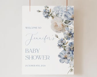 Dusty Blue Floral Baby Shower Welcome Sign Editable Template Light Blue Baby Shower Welcome Sign Baby Shower Blue Flowers Gender Neutral B2