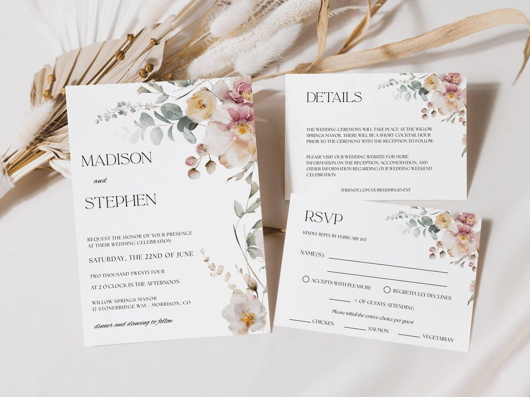 Watercolor Pastel Floral Wedding Invitation Suite Template Editable ...