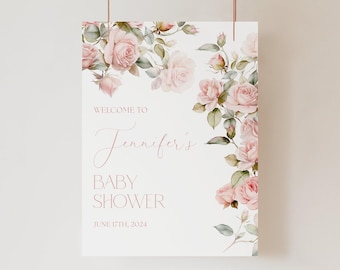 Dusty Pink Rose Baby Shower Welcome Sign Template Pink Blush Baby Shower Welcome Sign Pink Roses Girl Baby Shower Decor Pink Roses Sign G2