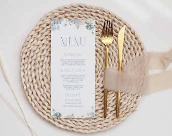 Szablon menu na brunch dla panny młodej w kolorze Dusty Blue Edytowalne menu na wieczór panieński w kolorze Dusty Blue Menu ślubne w kolorze Dusty Blue Floral B2 D3