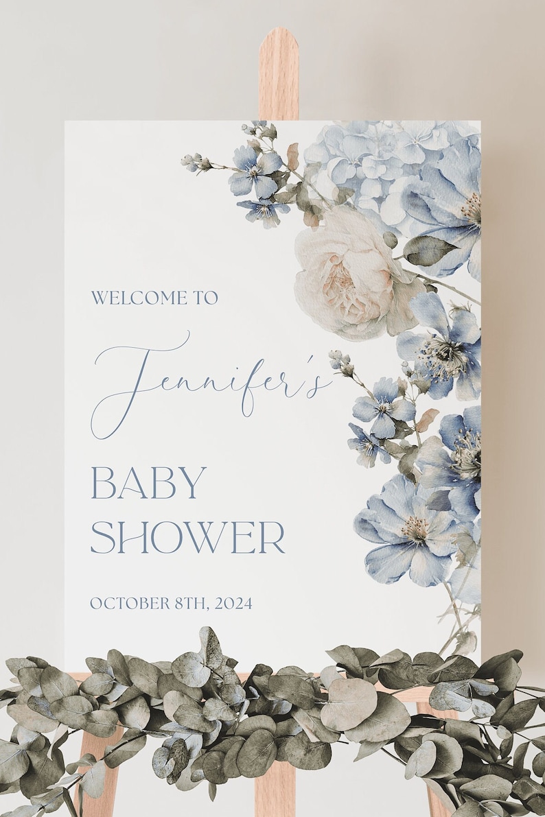 Dusty Blue Floral Baby Shower Welcome Sign Editable Template Light Blue ...