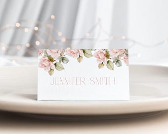 Dusty Pink Rose Place Card Template Blush Pink Place Card Rose Wedding Place Card Editable Name Card Pink Rose Place Card Flat Tented G2 F3