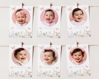 May include: A set of six baby milestone cards, each featuring a smiling baby's photo within a pink circle. The cards are decorated with butterflies and floral designs, with the months labeled from 1 to 6.