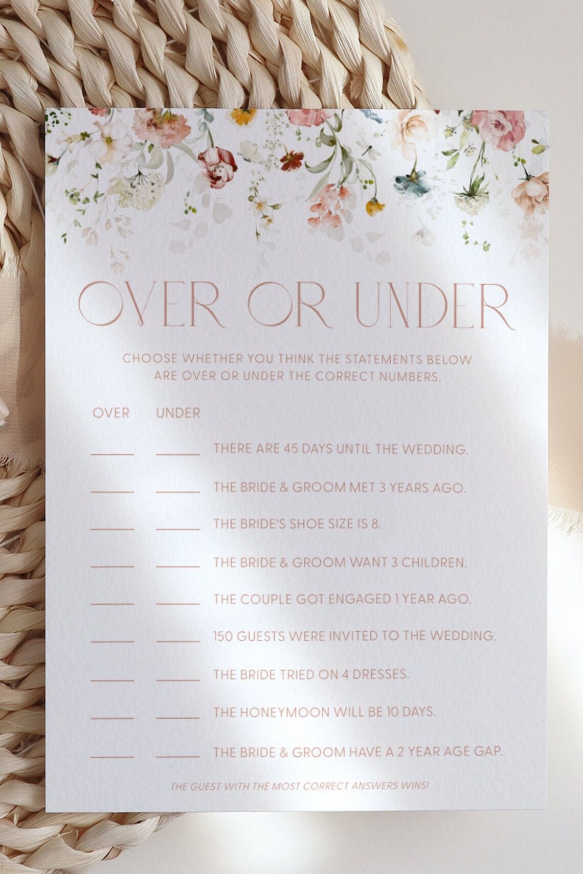 Chic Floral Over or Under Bridal Shower Game Card Template Over or ...