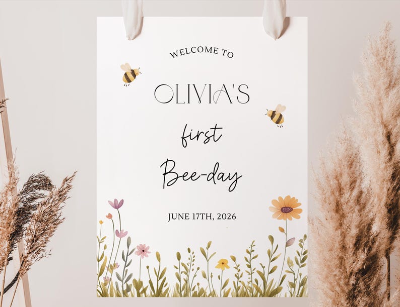 Bee First Birthday Welcome Sign First Bee-Day Welcome Sign Bee-Day Welcome Sign Bee Birthday Welcome Sign First Bee Day Decor image 4