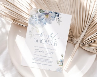 Plantilla de invitación para despedida de soltera con flores azules claras para invitación de despedida de soltera con borde floral azul, invitación para despedida de soltera con flores azules D3
