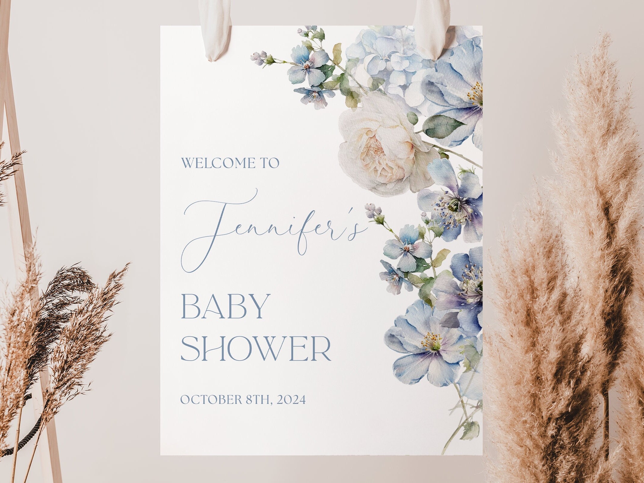 Dusty Blue Floral Baby Shower Welcome Sign Editable Template Light Blue ...