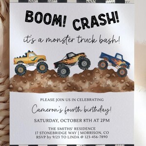 Monster Truck Birthday Invitation Monster Truck Bash Birthday Invitation Monster Truck Evite Monster Jam Birthday Invite Boom Crash Smash image 4