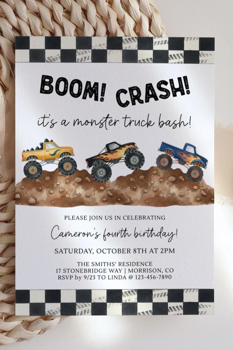 Monster Truck Birthday Invitation Monster Truck Bash Birthday Invitation Monster Truck Evite Monster Jam Birthday Invite Boom Crash Smash image 4