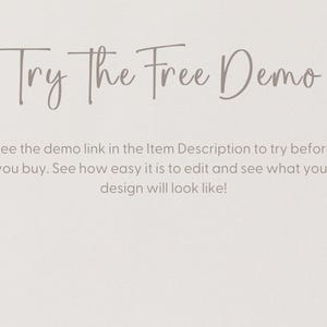 text that reads "Try the Free Demo" and provides instructions for viewing the demo link in the item description to see how easy it is to edit and what the design will look like.