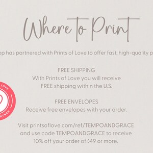 The image is a promotional flyer for a shop that offers fast, high-quality printing services. It features text and a logo, providing information about the shop's partnership with Prints of Love and their free shipping and envelope offers.