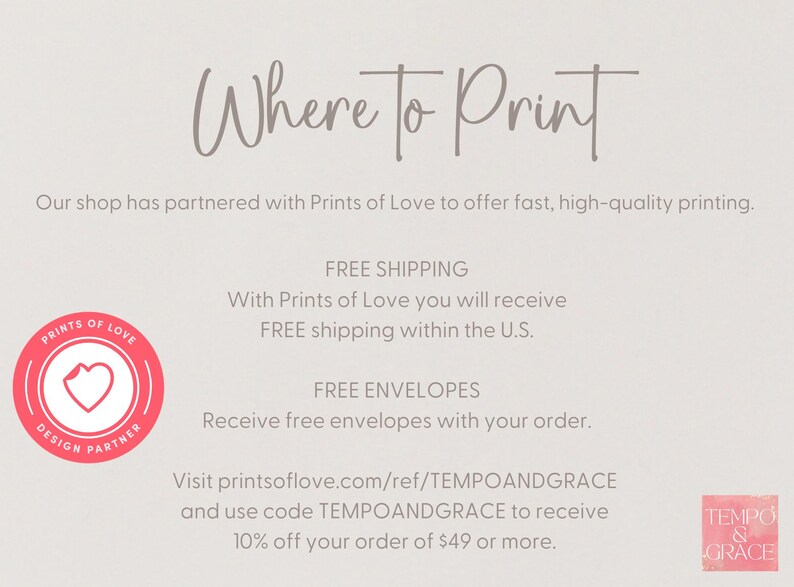 The image is a promotional flyer for a shop that offers fast, high-quality printing services. It features text and a logo, providing information about the shop's partnership with Prints of Love and their free shipping and envelope offers.