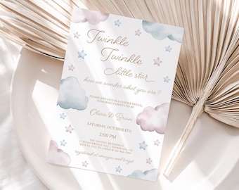 May include: A rectangular gender reveal invitation card featuring watercolour clouds in soft pink and blue, scattered stars, and gold script text reading Twinkle Twinkle little star how we wonder what you are, with event details for Olivia and Brian.