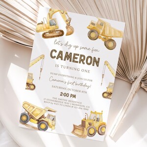 Construction First Birthday Invitation Dump Truck Invite Construction 1st Bday Invite Construction Invite Boy 1st Bday Invite Dump Truck T5 image 2