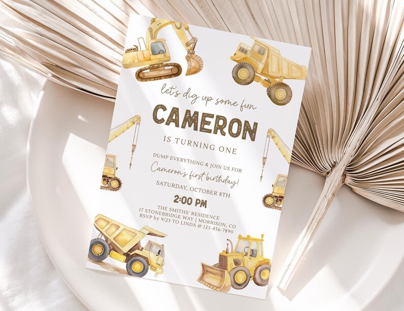 Construction First Birthday Invitation Dump Truck Invite Construction 1st Bday Invite Construction Invite Boy 1st Bday Invite Dump Truck T5 image 2