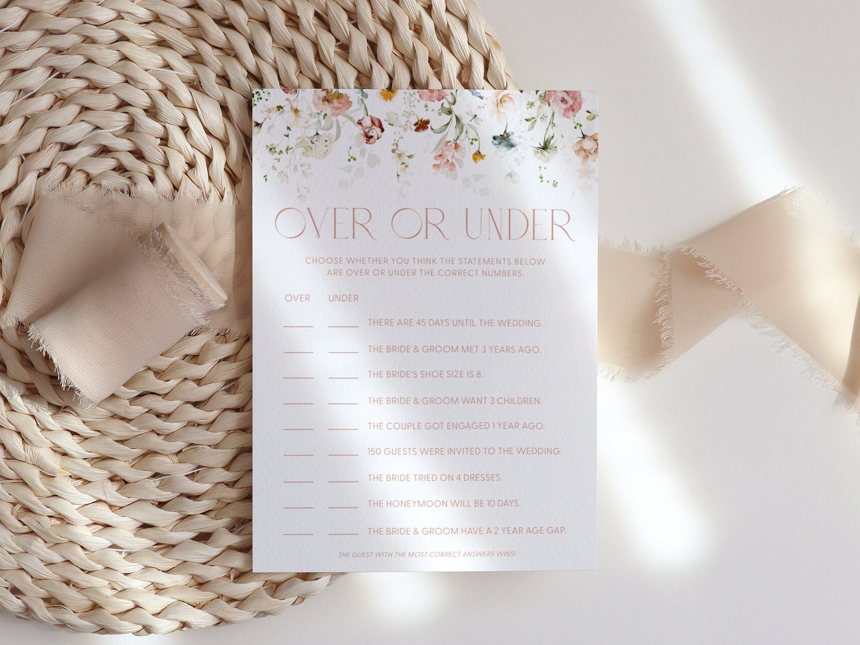 Chic Floral Over or Under Bridal Shower Game Card Template Over or ...