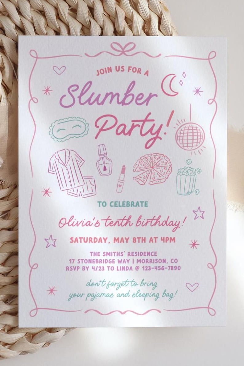 Slumber Party Invitation Slumber Party Birthday Invite Pajama Party Invite Girls Sleepover Invite Slumber Party Bday Invite Sleepover Party image 4