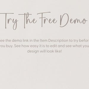 text that reads "Try the Free Demo" and provides instructions for viewing the demo link in the item description to see how easy it is to edit and what the design will look like.