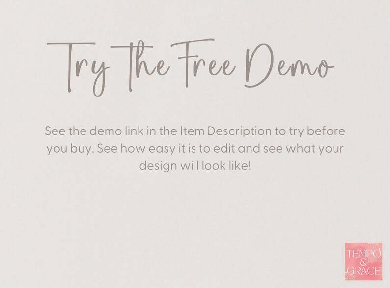 text that reads "Try the Free Demo" and provides instructions for viewing the demo link in the item description to see how easy it is to edit and what the design will look like.