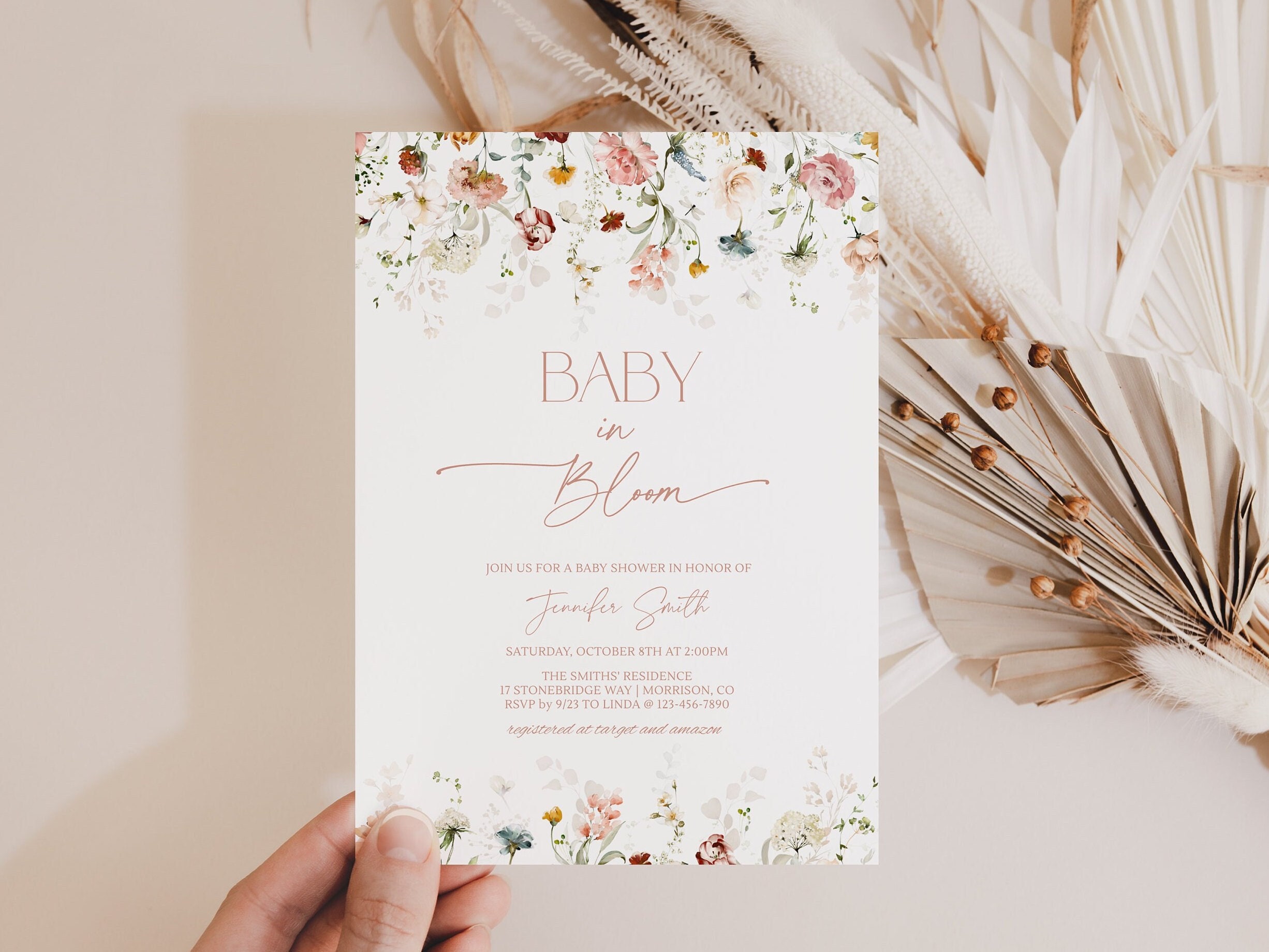 Chic Floral Baby in Bloom Baby Shower Invitation Template Editable Baby