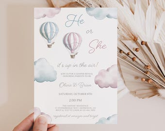Hot Air Balloon Gender Reveal Invite Its Up in the Air Gender Reveal Party Invite He or She Gender Reveal Invite He or She Evite Balloon X1