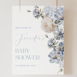 Dusty Blue Floral Baby Shower Welcome Sign Editable Template Light Blue Baby Shower Welcome Sign Baby Shower Blue Flowers Gender Neutral B2