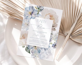 Dusty Blue Baby in Bloom Baby Shower Invitation Template Baby in Bloom Invitation Boy Blue Floral Frame Baby in Bloom Invitation Blue B2