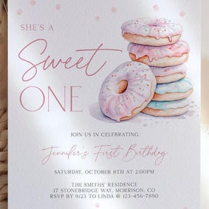 Sweet One Birthday Invitation 1st Birthday Invite Girl Pink Donut Sweet One Birthday Invite Sweet One Invite Donut Bday Invitation Donut S1 image 4