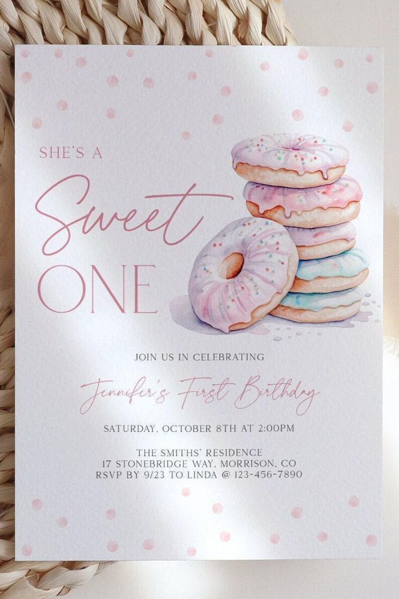Sweet One Birthday Invitation 1st Birthday Invite Girl Pink Donut Sweet One Birthday Invite Sweet One Invite Donut Bday Invitation Donut S1 image 4