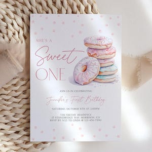 Sweet One Birthday Invitation 1st Birthday Invite Girl Pink Donut Sweet One Birthday Invite Sweet One Invite Donut Bday Invitation Donut S1 image 3