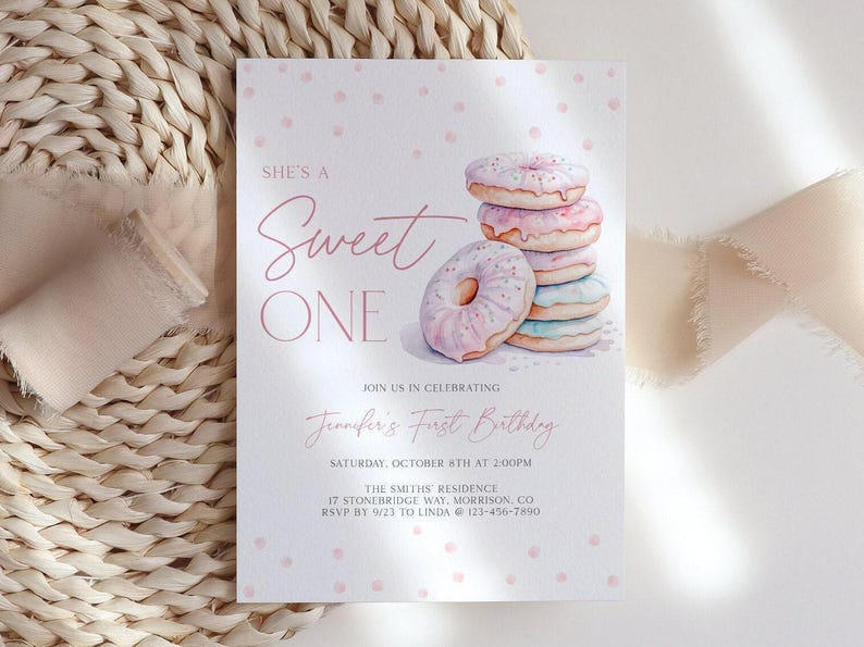 Sweet One Birthday Invitation 1st Birthday Invite Girl Pink Donut Sweet One Birthday Invite Sweet One Invite Donut Bday Invitation Donut S1 image 3