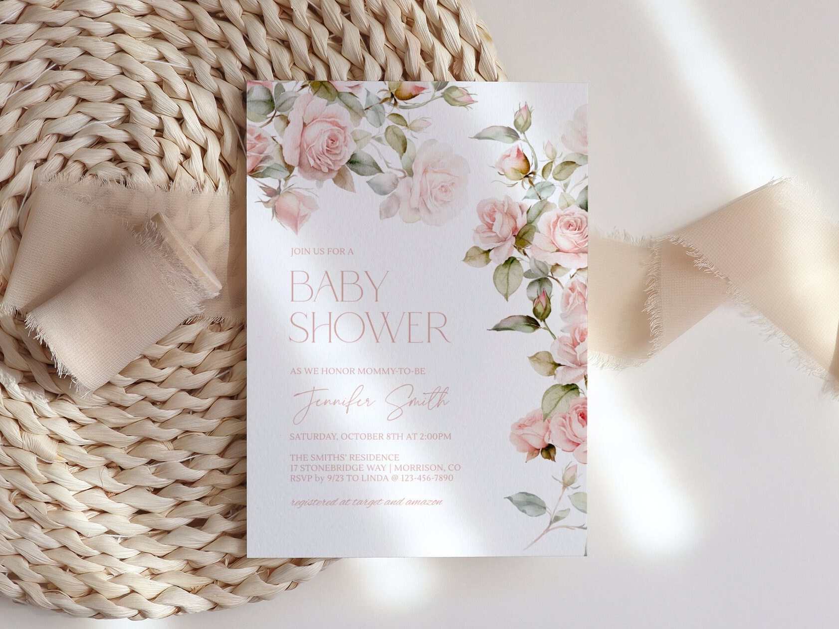 Pink Rose Baby Shower Invitation Template Pink Floral Baby Shower