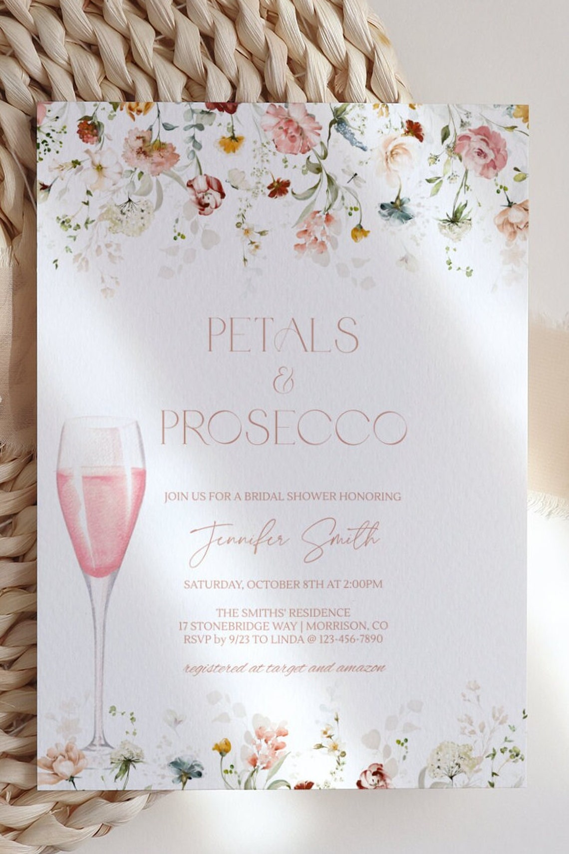 Floral Petals and Prosecco Bridal Shower Invitation Template Pink ...