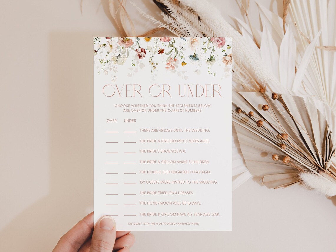 Chic Floral Over or Under Bridal Shower Game Card Template Over or ...