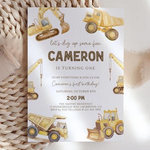 Construction First Birthday Invitation Dump Truck Invite Construction 1st Bday Invite Construction Invite Boy 1st Bday Invite Dump Truck T5 image 3