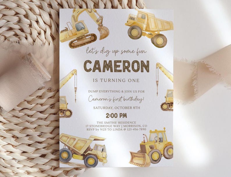 Construction First Birthday Invitation Dump Truck Invite Construction 1st Bday Invite Construction Invite Boy 1st Bday Invite Dump Truck T5 image 3