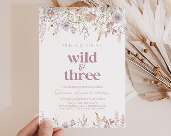 Wildflower Young Wild & Three Birthday Invite Wild and 3 Invitation Wildflower Birthday Invite Wild and 3 Invite Girl Wildflower Invite W3
