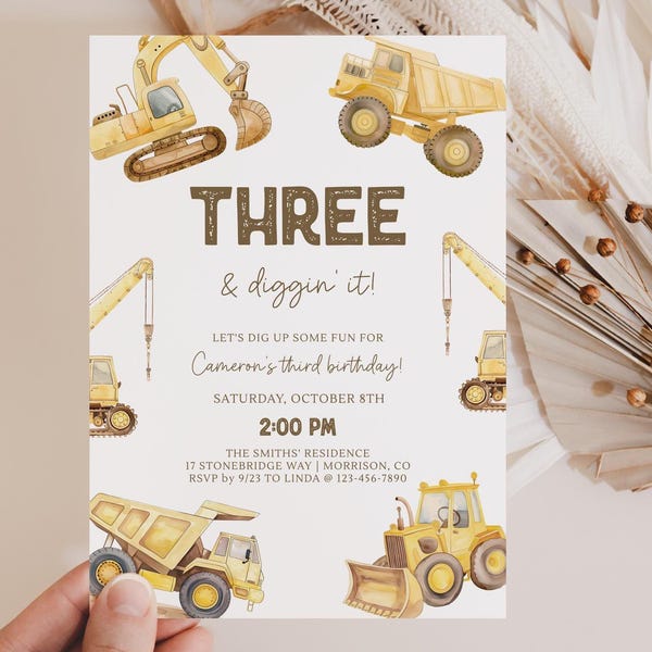 Diggin' It Birthday Invitation Construction Birthday Invite Dump Truck Bday Invite Construction 3rd Birthday Invite Digging Bday Party T5