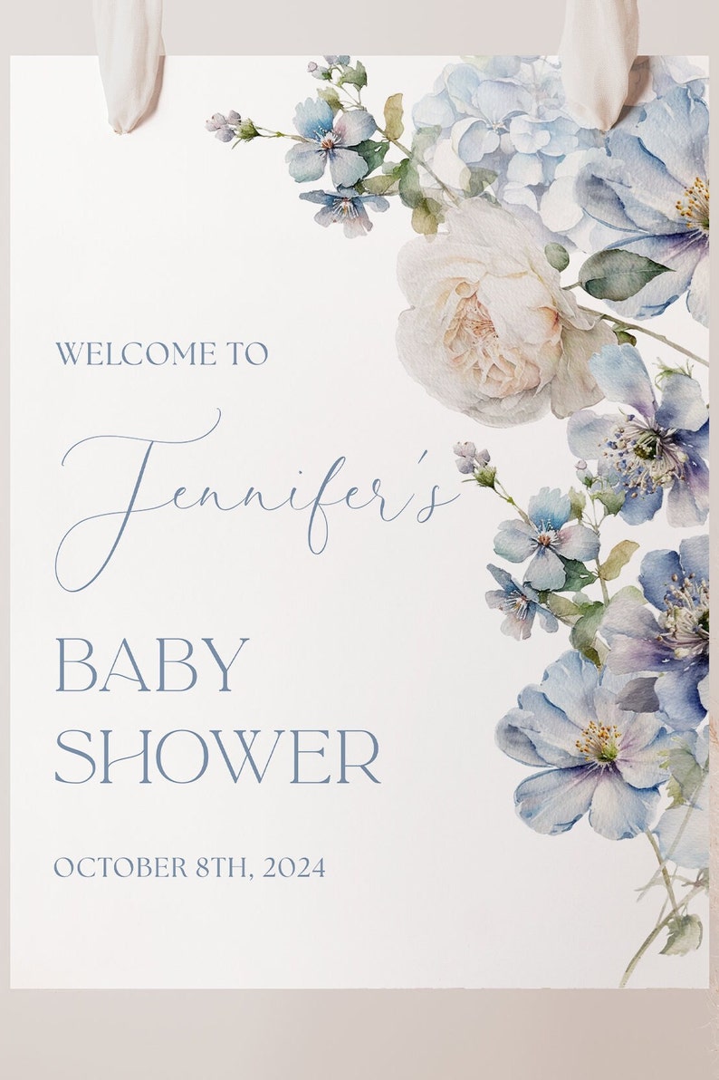 Dusty Blue Floral Baby Shower Sign Editable Template Light Blue