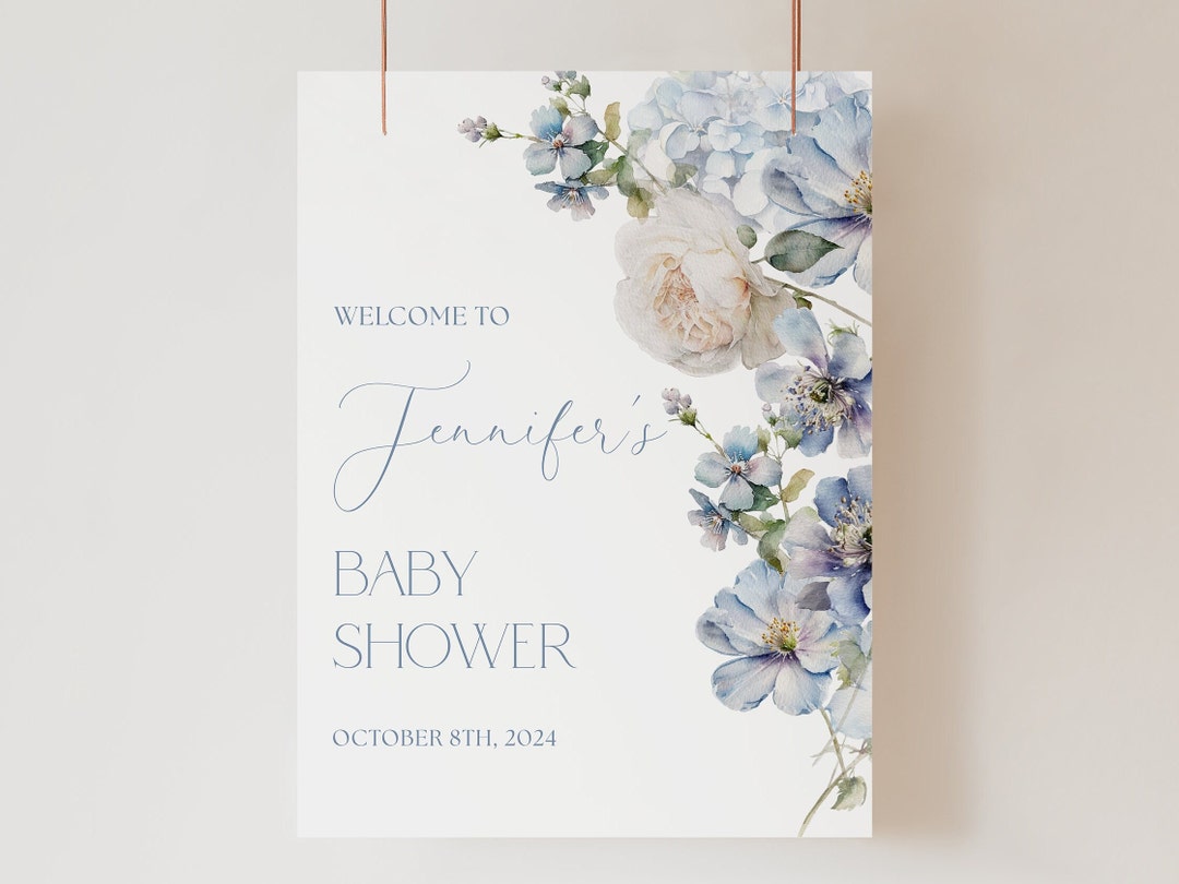 Dusty Blue Baby Shower Welcome Sign Editable Template Dusty Blue Floral ...