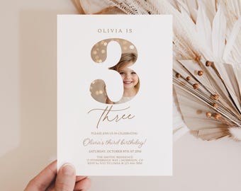 Girl 3rd Birthday Photo Invite Minimalist Third Birthday Invitation Girl 3rd Birthday Invite with Photo 3rd Bday Invite Girl 3rd Bday Invite