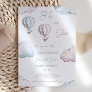 Hot Air Balloon Gender Reveal Invite Its Up in the Air Gender Reveal Party Invite He or She Gender Reveal Invitation He or She Evite Balloon image 3