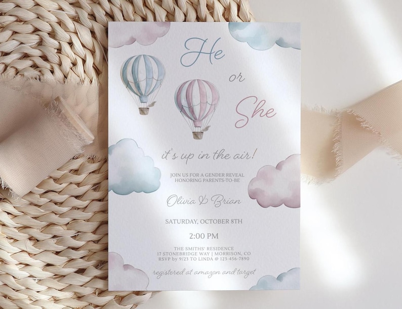 Hot Air Balloon Gender Reveal Invite Its Up in the Air Gender Reveal Party Invite He or She Gender Reveal Invitation He or She Evite Balloon image 3