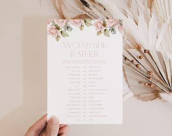 Dusty Pink Rose Would She Rather Game Card Printable Would She Rather Game Bridal Shower Would She Rather Game Roses Would She Rather F3