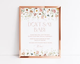 Elegancka kwiatowa gra na baby shower "Nie mów, że jesteś dzieckiem" z klamerkami do bielizny. Znak "Nie mów, że jesteś dzieckiem" na baby shower. Gra na baby shower "Nie mów, że jesteś dzieckiem" do druku. Nie mów, że jesteś dzieckiem. A1