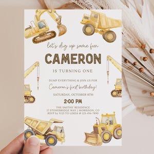 Construction First Birthday Invitation Dump Truck Invite Construction 1st Bday Invite Construction Invite Boy 1st Bday Invite Dump Truck T5 image 1