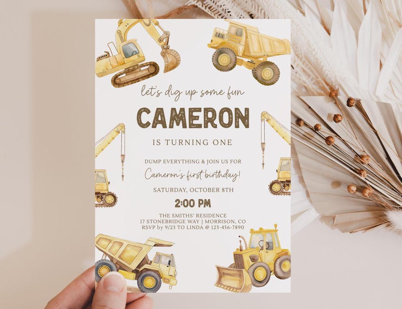 Construction First Birthday Invitation Dump Truck Invite Construction 1st Bday Invite Construction Invite Boy 1st Bday Invite Dump Truck T5 image 1