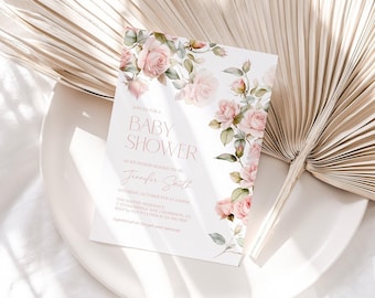 Pink Rose Baby Shower Invitation Template Pink Floral Baby Shower Invitation Girl Pink Blush Baby Shower Invite Roses Pink Baby Shower G2